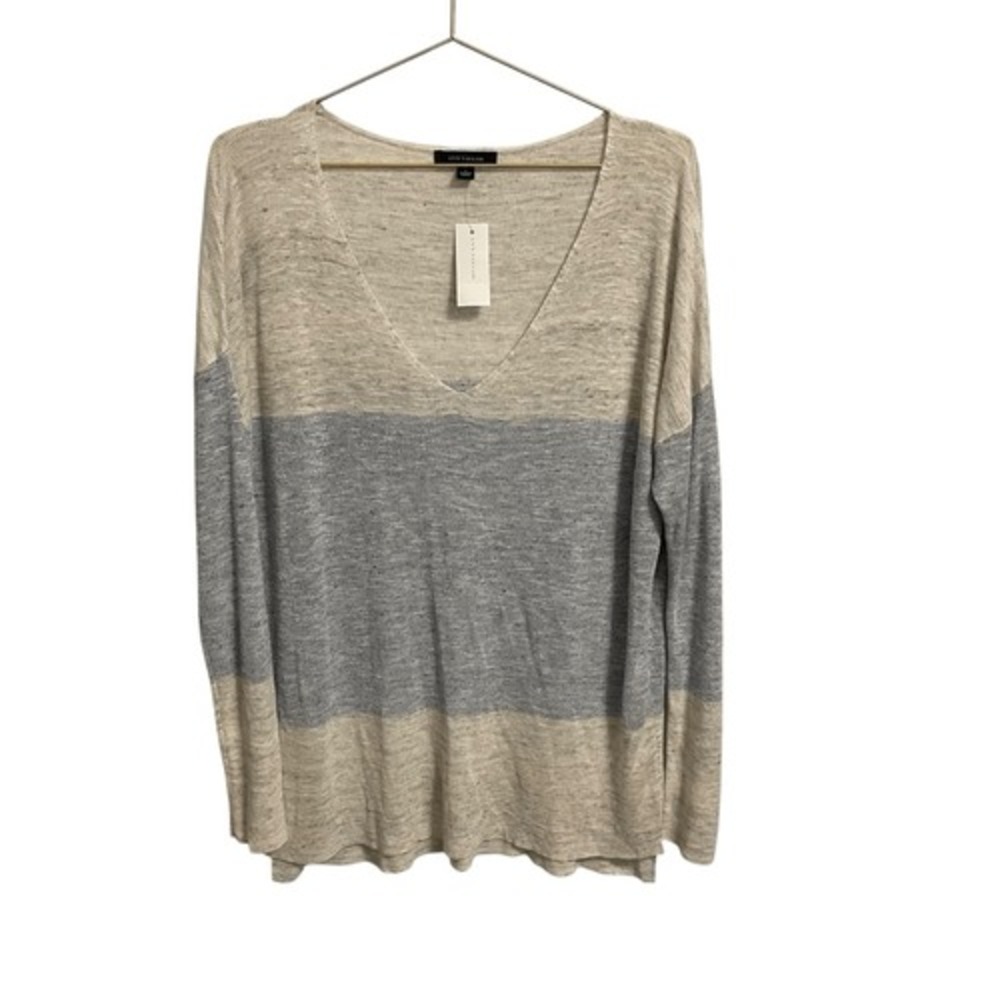 Ann Taylor Linen Blend Colorblock V-Neck Sweater Tan Blue Large NWT